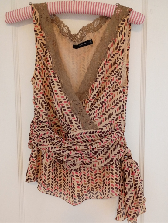 The Limited Tops - Silk Blouse Lace Trim. Pink, Tan & Brown with Sash Bow